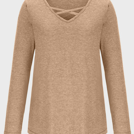 Crisscross V-Neck Long Sleeve T-Shirt