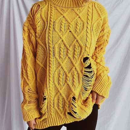 Distressed Cable-Knit Round Neck Long Sleeve Sweater