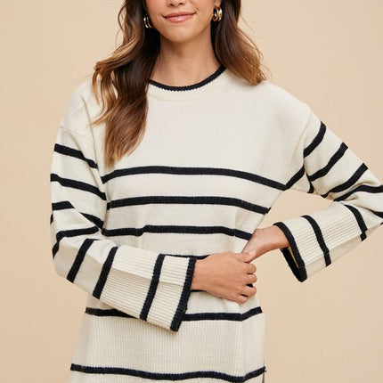 Annie Wear Side Slit Striped Round Neck Sweater