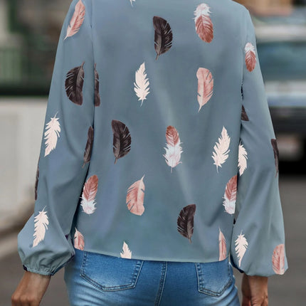 Feather Print Notched Balloon Sleeve Top