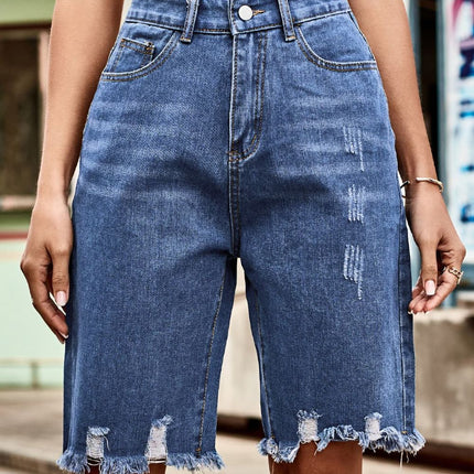 Raw Hem High Waist Denim Shorts with Pockets