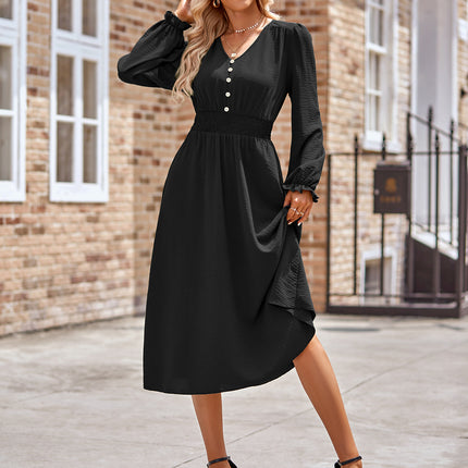 Smocked V-Neck Flounce Sleeve Midi Dress