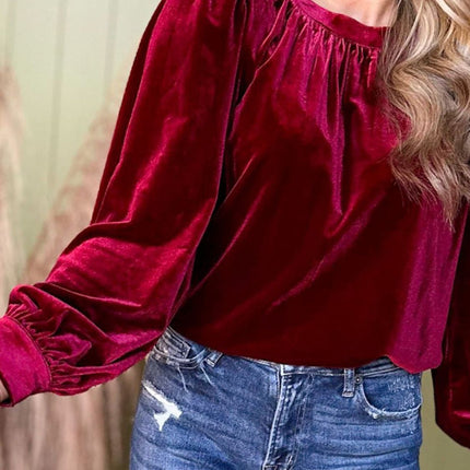 Ruched Round Neck Long Sleeve Blouse