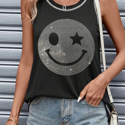 Rhinestone Smile Face Round Neck Tank