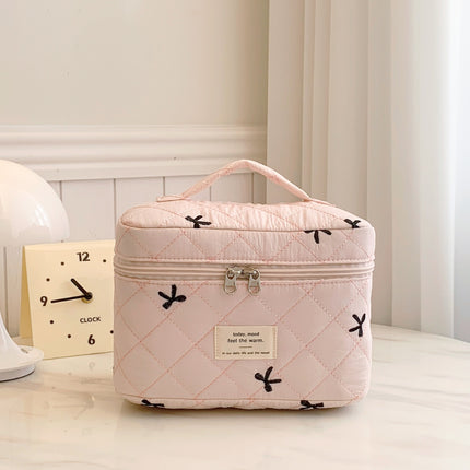 Bow Embroidered Quilted Storage Bag with Zip