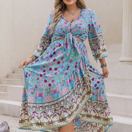 Plus Size Printed Tie Neck Top and Skirt Set