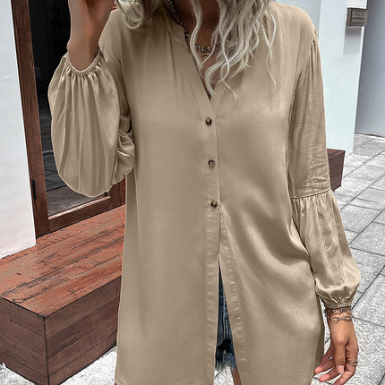 Double Take Notched Neck Balloon Sleeve Shirt