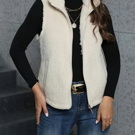 Zip Up Turtleneck Sherpa Vest Coat with Pockets