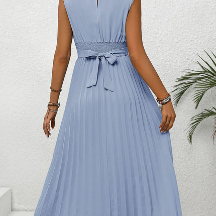 Pleated Round Neck Cap Sleeve Dress - Vickie Lynn's