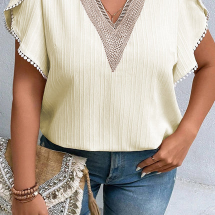 Plus Size V-Neck Petal Sleeve Blouse