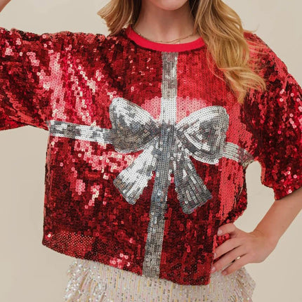 Sequin Bow Graphic Round Neck Half Sleeve T-Shirt