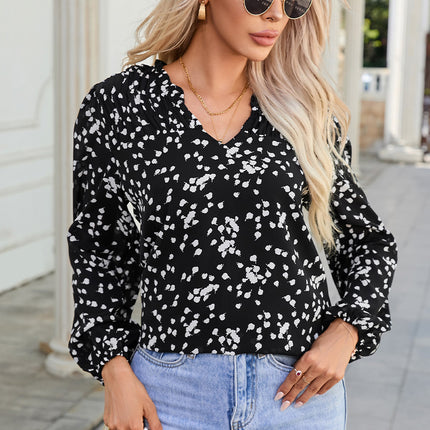 Double Take Printed Notched Neck Smocked Blouse