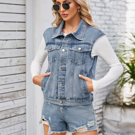 Button Up Cap Sleeve Denim Jacket