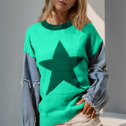 Double Take Full Size Star Pattern Raw Edge Long Sleeve Sweater