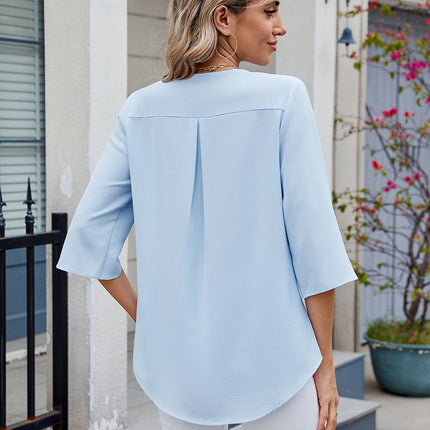 Ruffled V-Neck Three-Quarter Sleeve Blouse