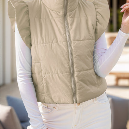 Pocketed Zip Up Cap Sleeve Jacket