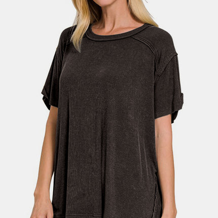 Zenana Washed Ribbed Short Sleeve Top