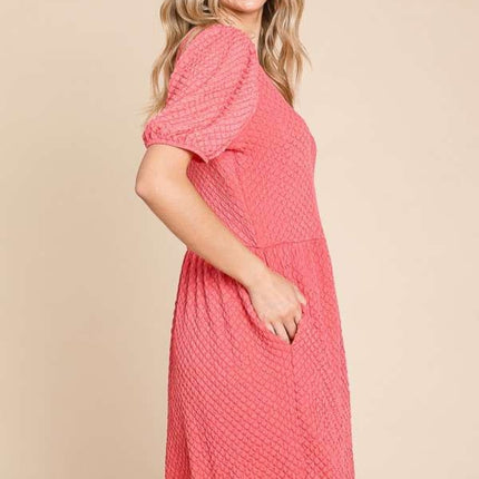 Culture Code Full Size Textured Round Neck Puff Sleeve Dress