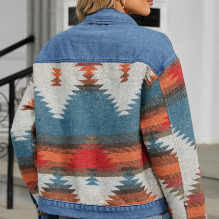 Geometric Button Up Long Sleeve Denim Jacket