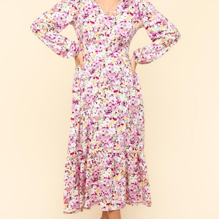 Haptics Full Size Floral V-Neck Long Sleeve Dress with Side Pockets