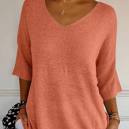 V-Neck Three-Quarter Sleeve Knit Top