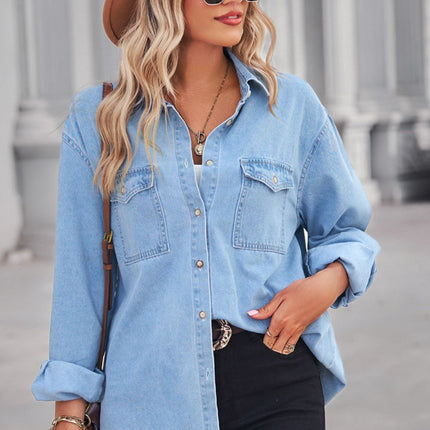 Collared Neck Dropped Shoulder Denim Top