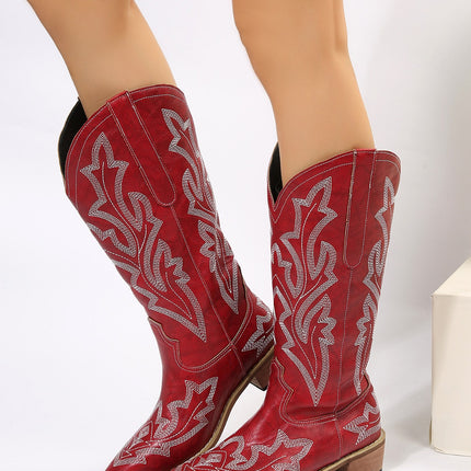 PU Leather Embroidered Geometric Point Toe Boots