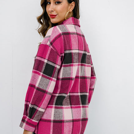 Shiny Plaid Button Up Collared Neck Jacket