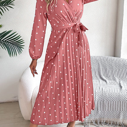 Tied Polka Dot Long Sleeve Midi Dress