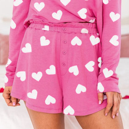 Heart Round Neck Long Sleeve Top and Elastic Waist Shorts Set