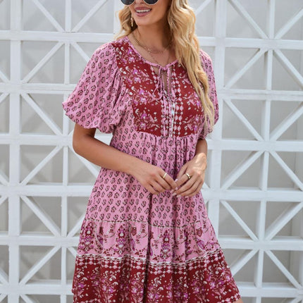 Printed Tie Neck Half Sleeve Dress