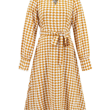 Tied Houndstooth Long Sleeve Midi Dress