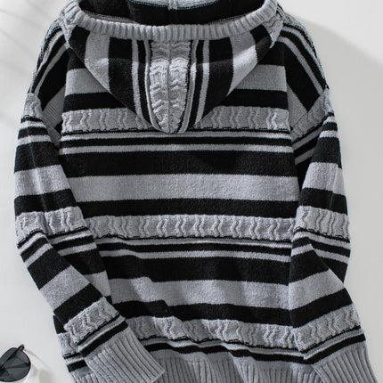 Drawstring Striped Long Sleeve Hooded Sweater