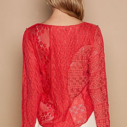 POL Exposed Seam Long Sleeve Lace Knit Top