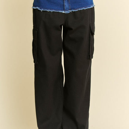 Davi & Dani Denim Patchwork Wide Leg Pants with Cargo Pockets