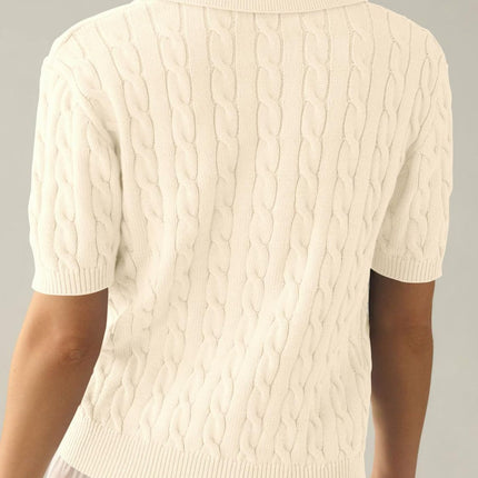 Cable-Knit Collared Neck Half Sleeve Sweater