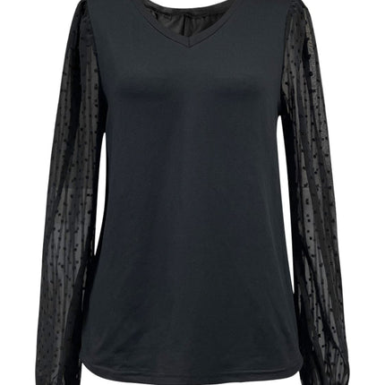 Full Size V-Neck Swiss Dot Long Sleeve Blouse