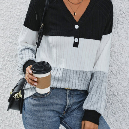 Ribbed Contrast V-Neck Long Sleeve T-Shirt