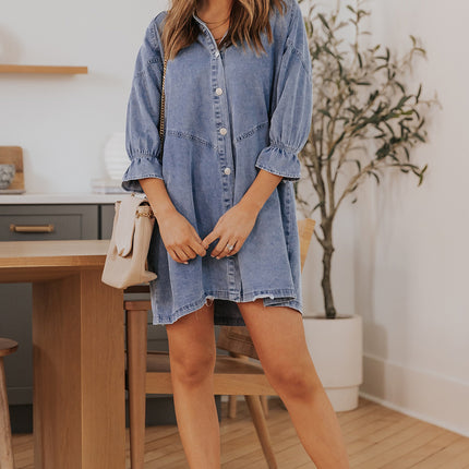 Collared Neck Flounce Sleeve Denim Mini Dress