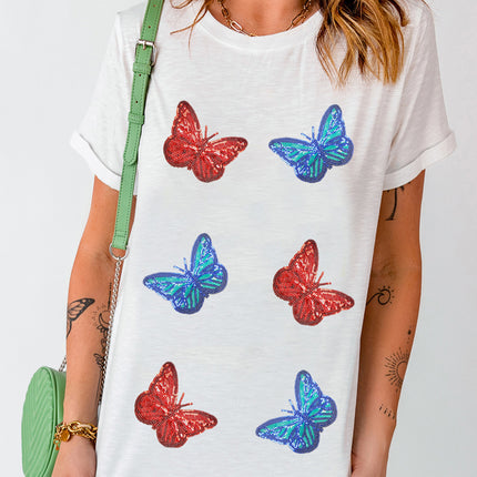 Sequin Butterfly Round Neck Short Sleeve T-Shirt