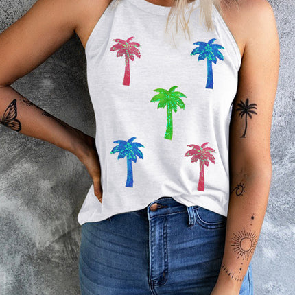 Sequin Coconut Tree Round Neck Tank