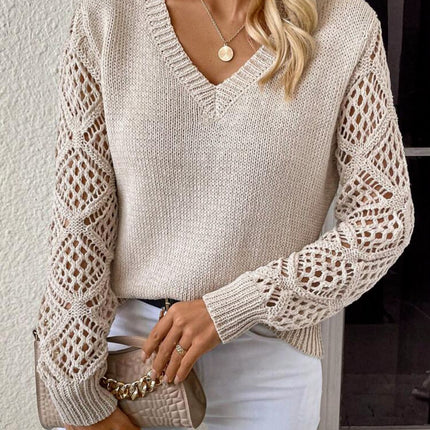 Openwork V-Neck Long Sleeve Sweater