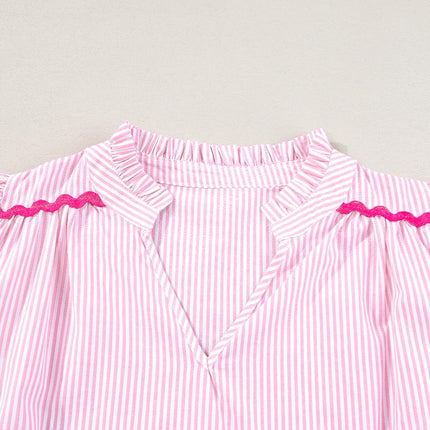 Striped Notched Short Sleeve Blouse