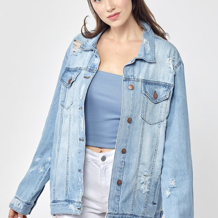 RISEN Full Size Distressed Long Sleeve Denim Jacket