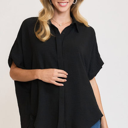 Umgee Full Size High-Low Button Up Short Sleeve Shirt