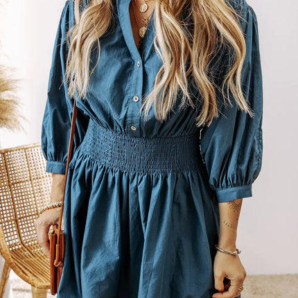 Smocked Half Button Three-Quarter Sleeve Mini Dress