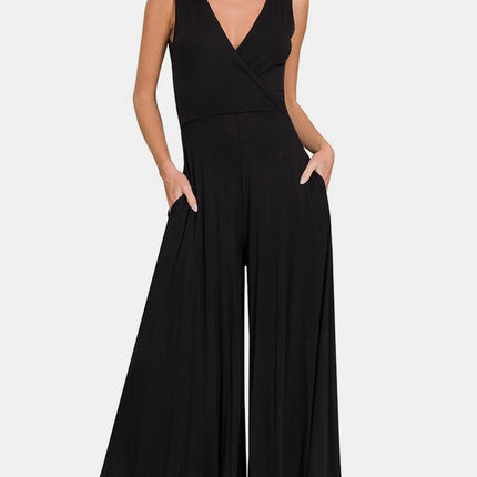 Zenana Surplice Neckline Sleeveless Jumpsuit