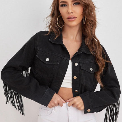 Fringe Detail Collared Neck Cropped Denim Jacket