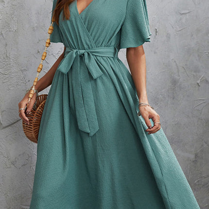 Surplice Flutter Sleeve Midi Dress