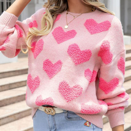 Valentine's Day Heart Jacquard Round Neck Sweater